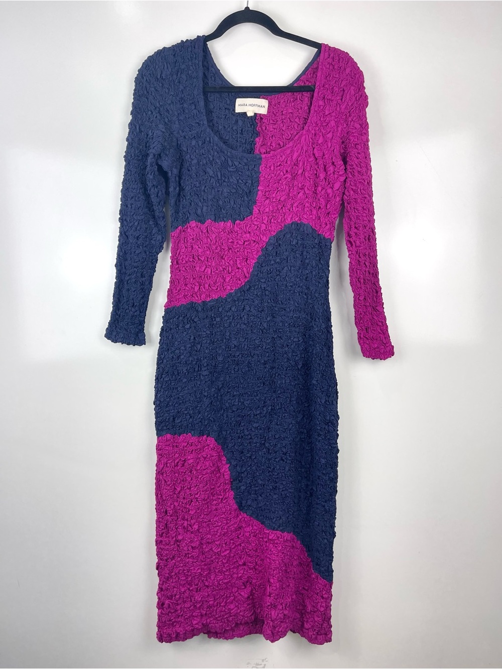 Mara Hoffman Amy Popcorn Midi Dress Women’s Large Long Sleeve Textured Pink Navy
